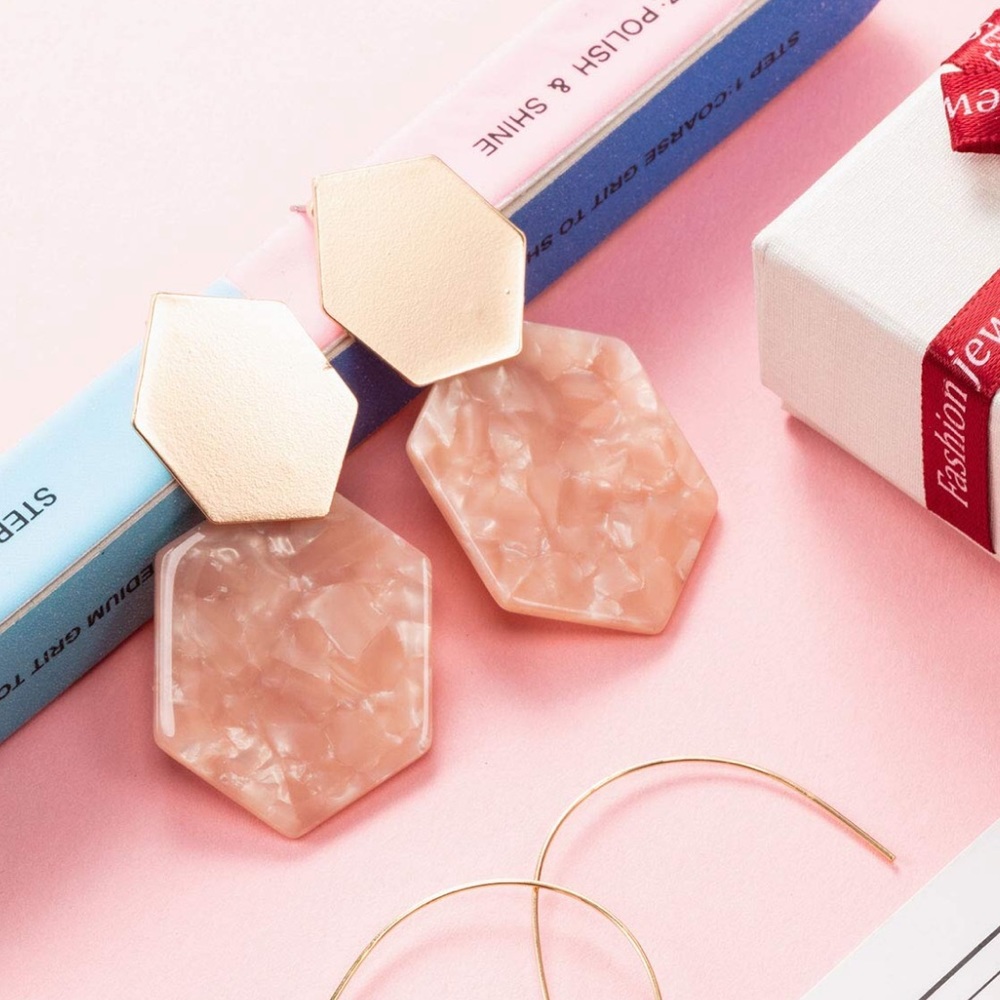 Blush Pink Marble Gold Geometric Dangle Earrings